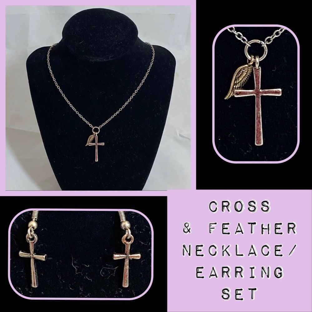 Cross Silver Wing Gold Necklace Earring Set